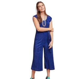 Anthropologie Maeve Sonata Pleated Jumpsuit Blue Tied Women's Size‎ 6 Textured